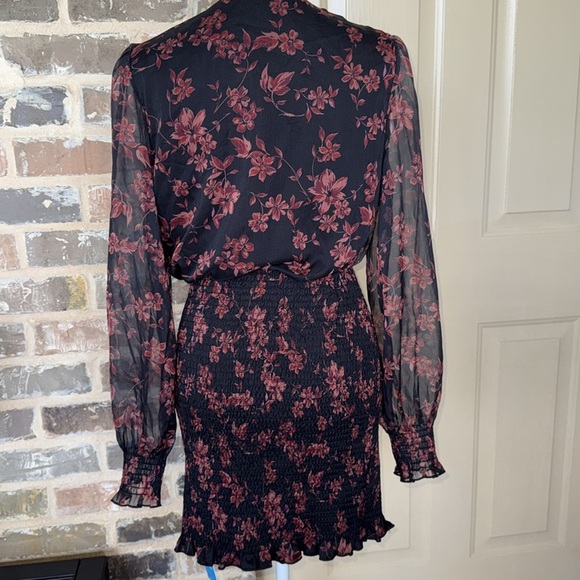 Cupshe Floral Print Long Peasant Sleeve Dress Black & Red Smocked Skirt New - Picture 4 of 12
